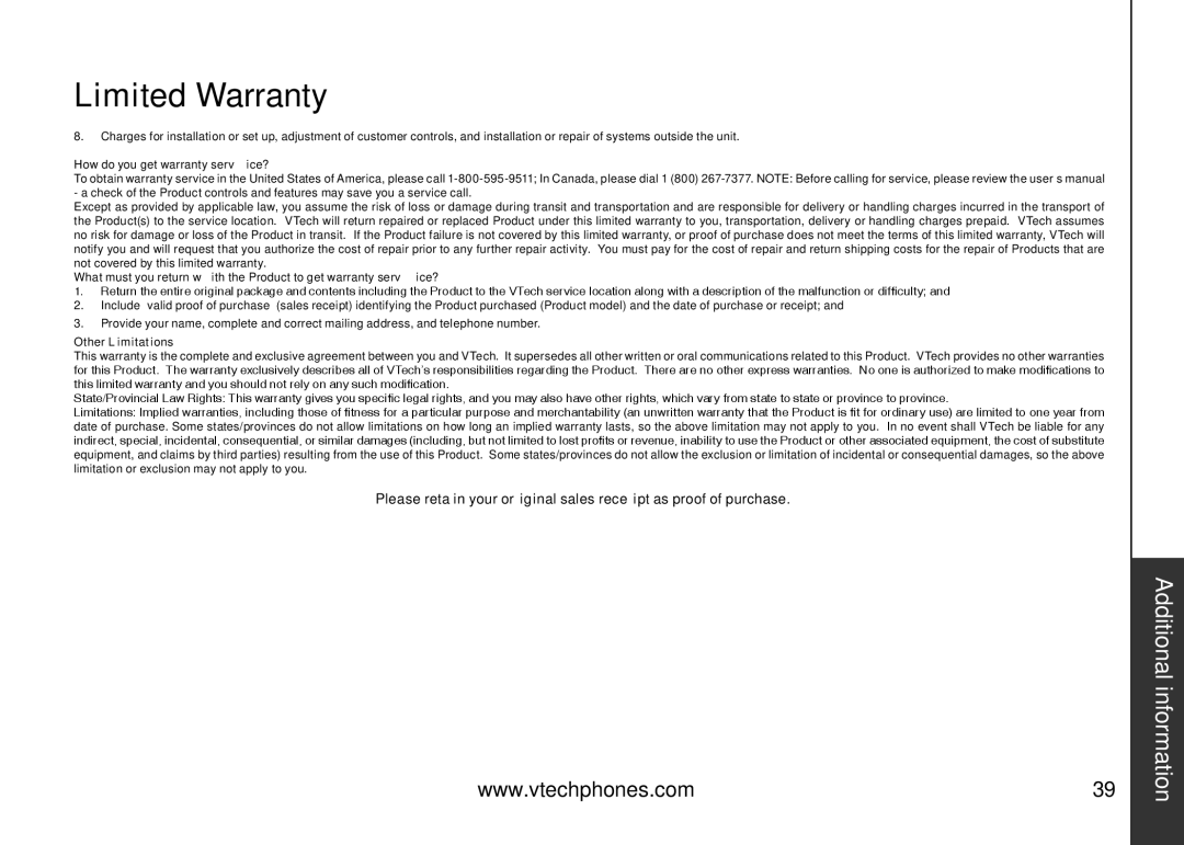 VTech IA5824 How do you get warranty service? 