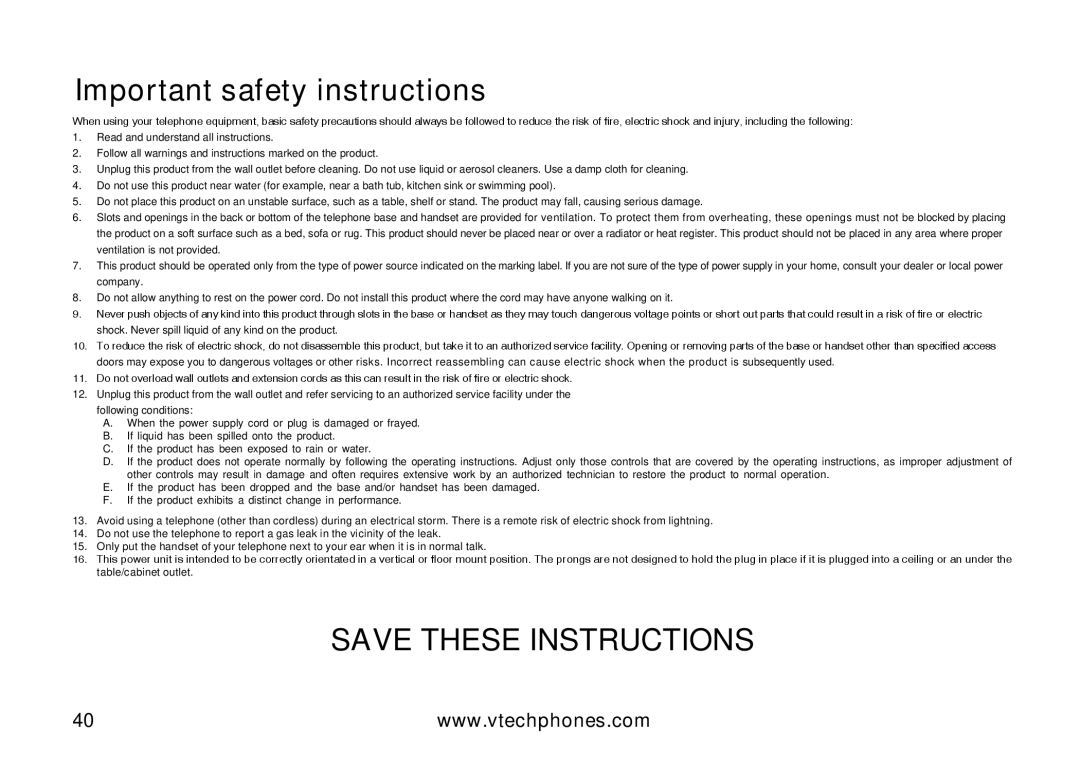 VTech IA5824 warranty Important safety instructions 