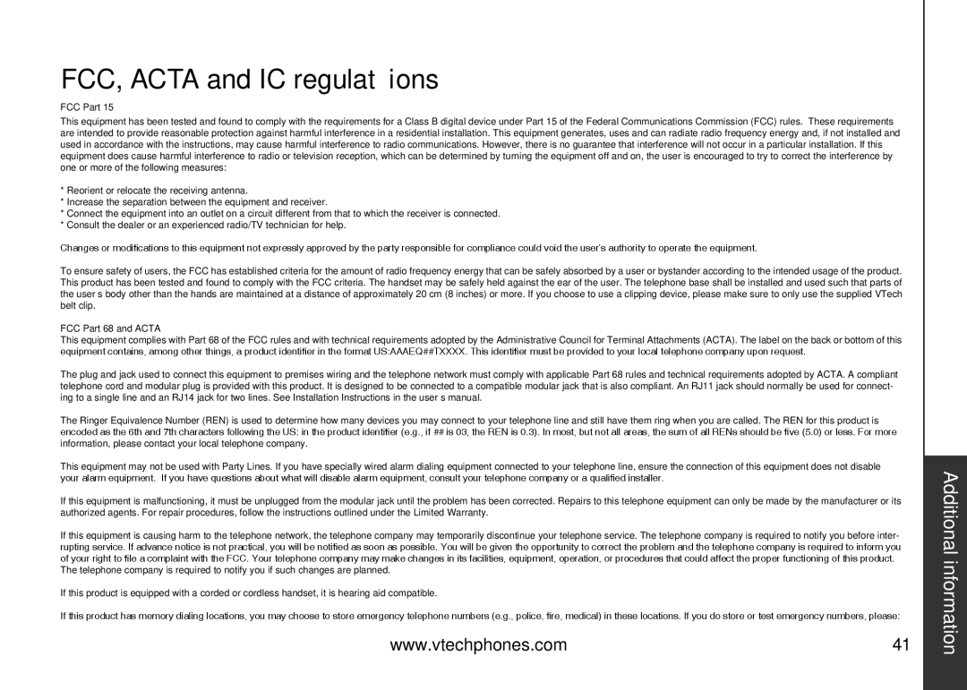 VTech IA5824 warranty FCC, Acta and IC regulations 