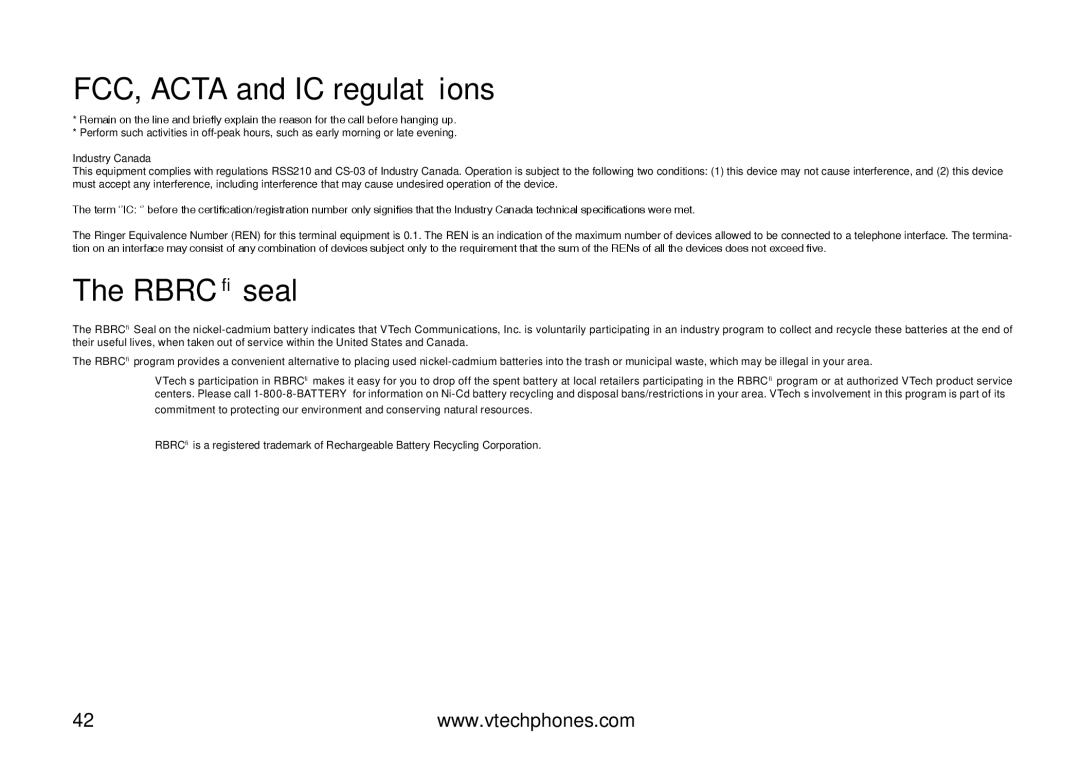 VTech IA5824 warranty Rbrc seal 