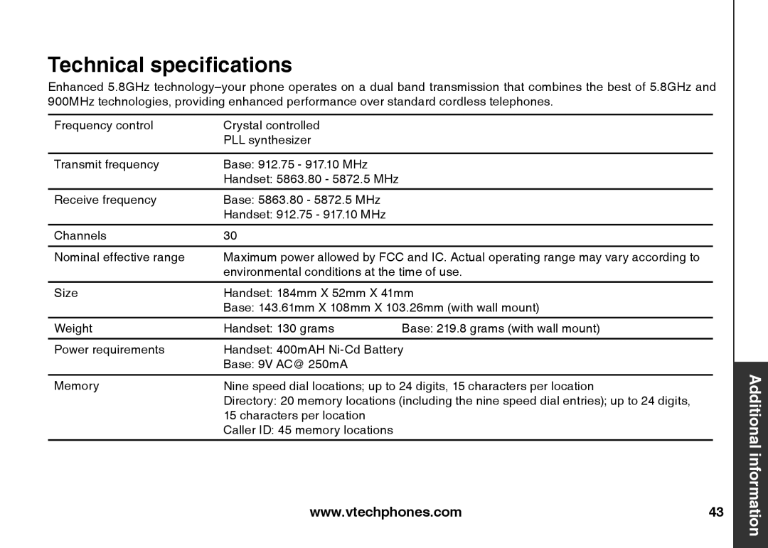 VTech IA5824 warranty Technical specifications 