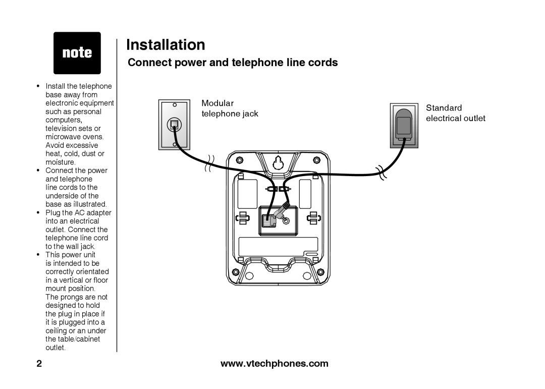 VTech IA5824 Installation, Connect power and telephone line cords, Modular telephone jack Standard electrical outlet 