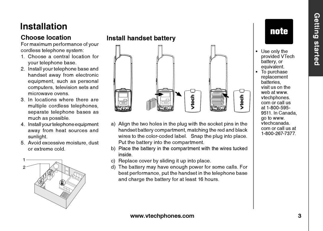 VTech IA5824 warranty Choose location, Install handset battery 