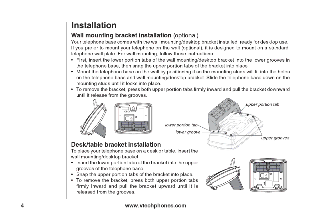 VTech IA5824 warranty Wall mounting bracket installation optional, Desk/table bracket installation 