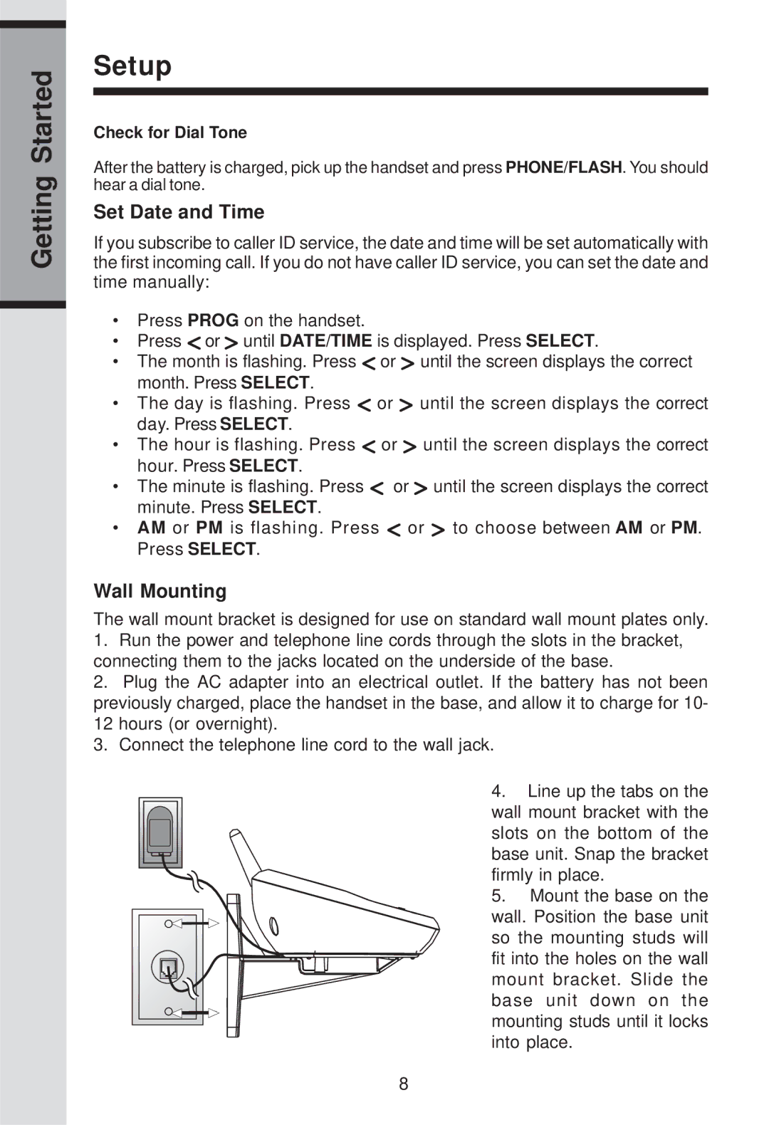 VTech ia5829 manual Getting Started Setup, Set Date and Time, Wall Mounting 