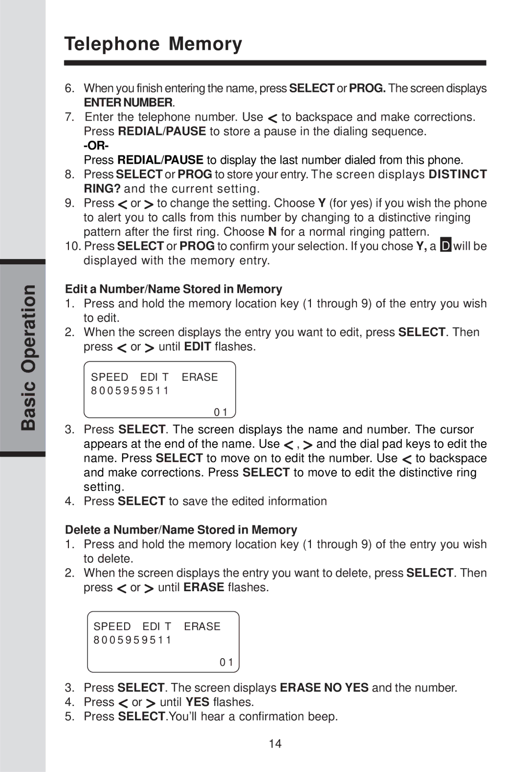 VTech ia5829 Basic Operation Telephone Memory, Edit a Number/Name Stored in Memory, Delete a Number/Name Stored in Memory 