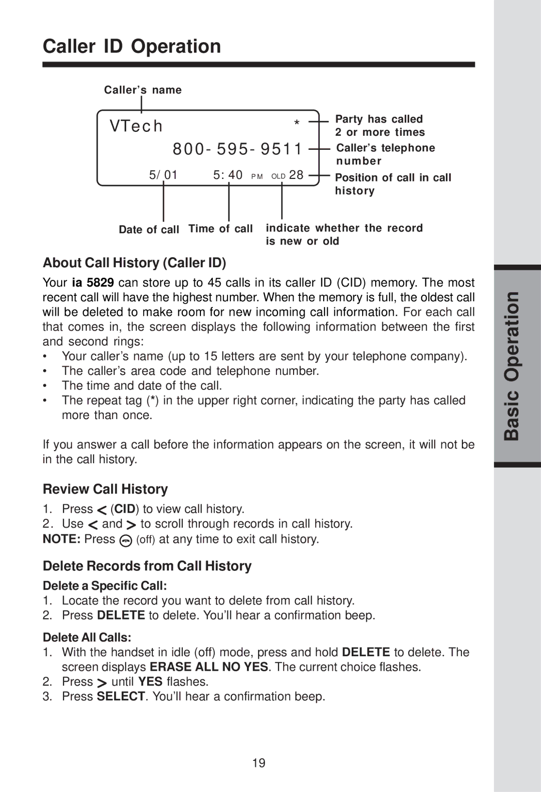 VTech ia5829 Caller ID Operation, About Call History Caller ID, Review Call History, Delete Records from Call History 