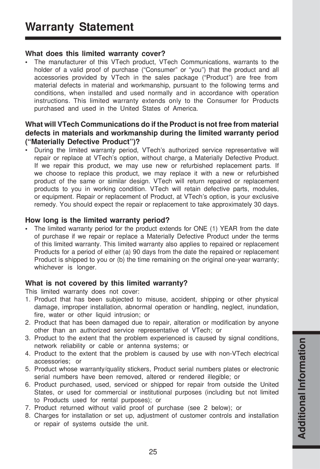 VTech ia5829 manual Warranty Statement, What does this limited warranty cover?, How long is the limited warranty period? 