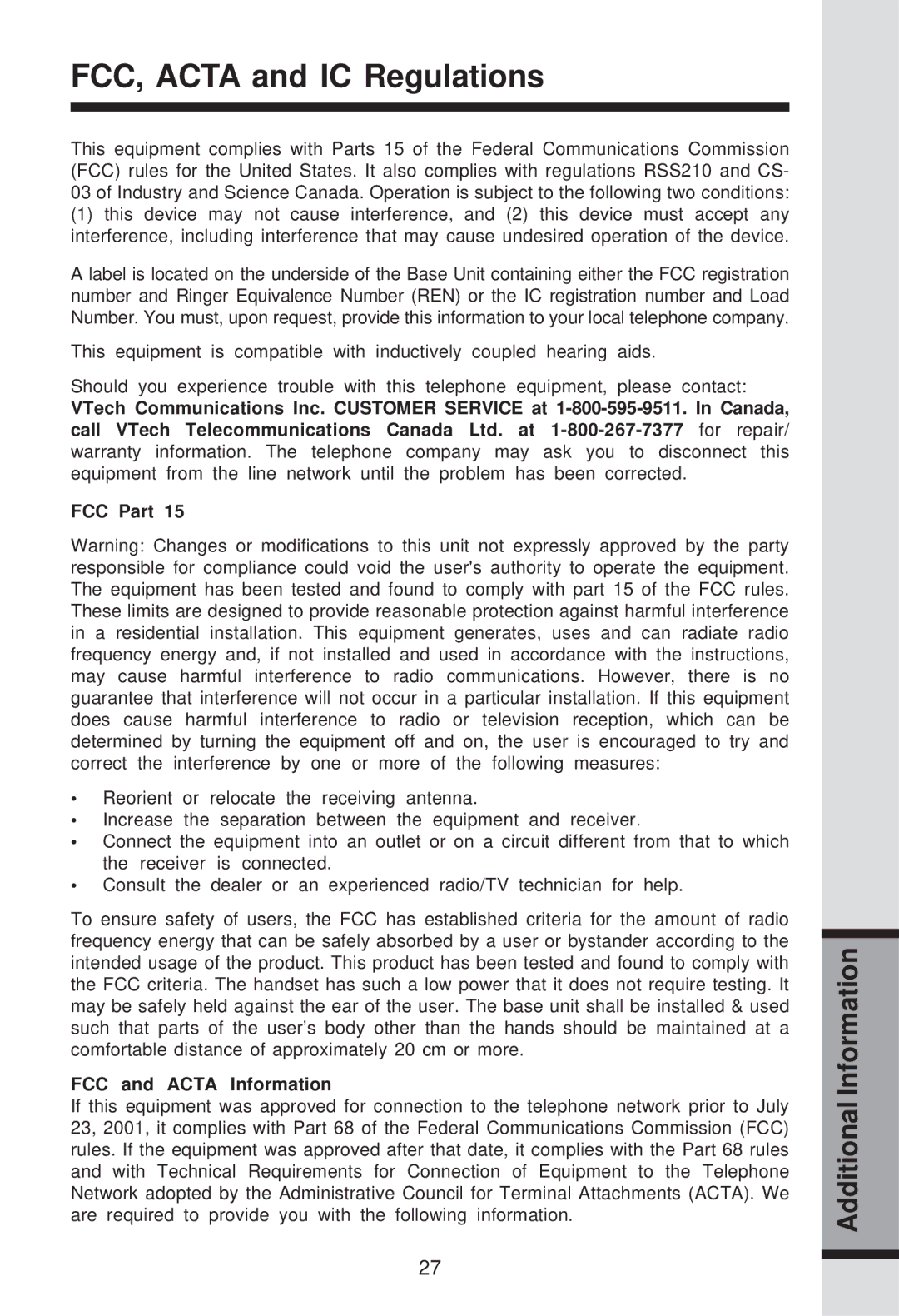 VTech ia5829 manual FCC, Acta and IC Regulations, FCC Part 