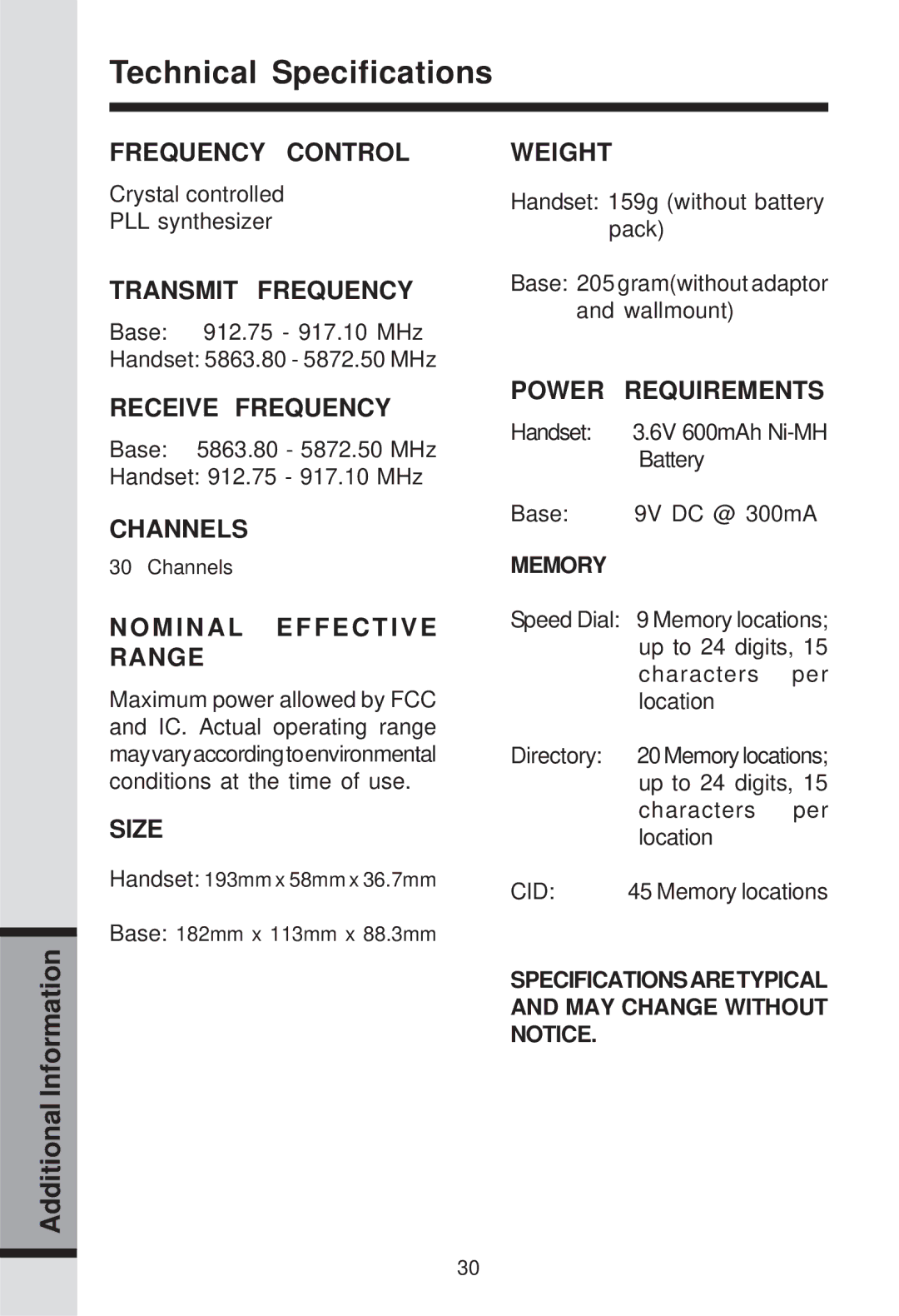 VTech ia5829 manual Technical Specifications, M I N a L E F F E C T I V E Range 