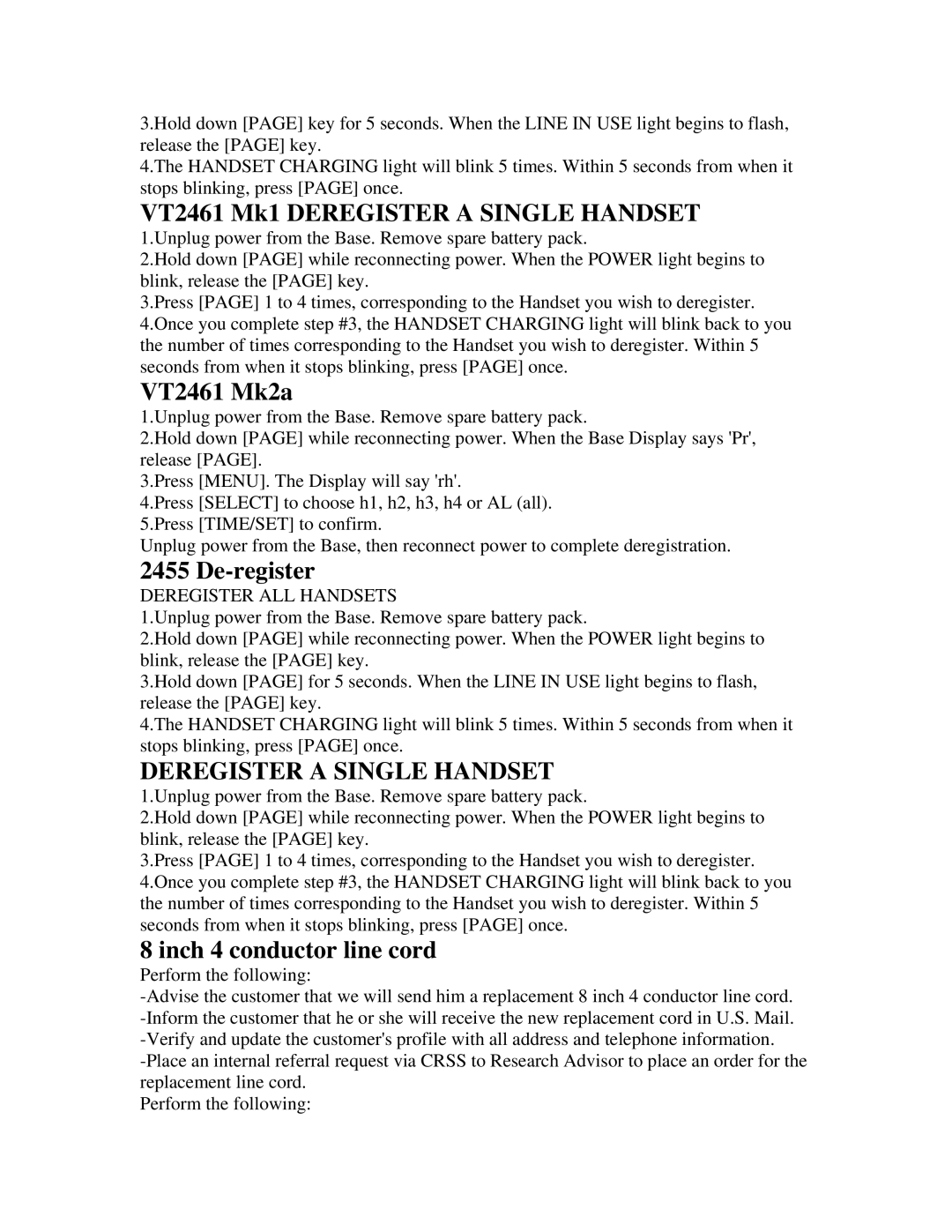 VTech ia5829 manual VT2461 Mk1 Deregister a Single Handset, VT2461 Mk2a, Inch 4 conductor line cord 