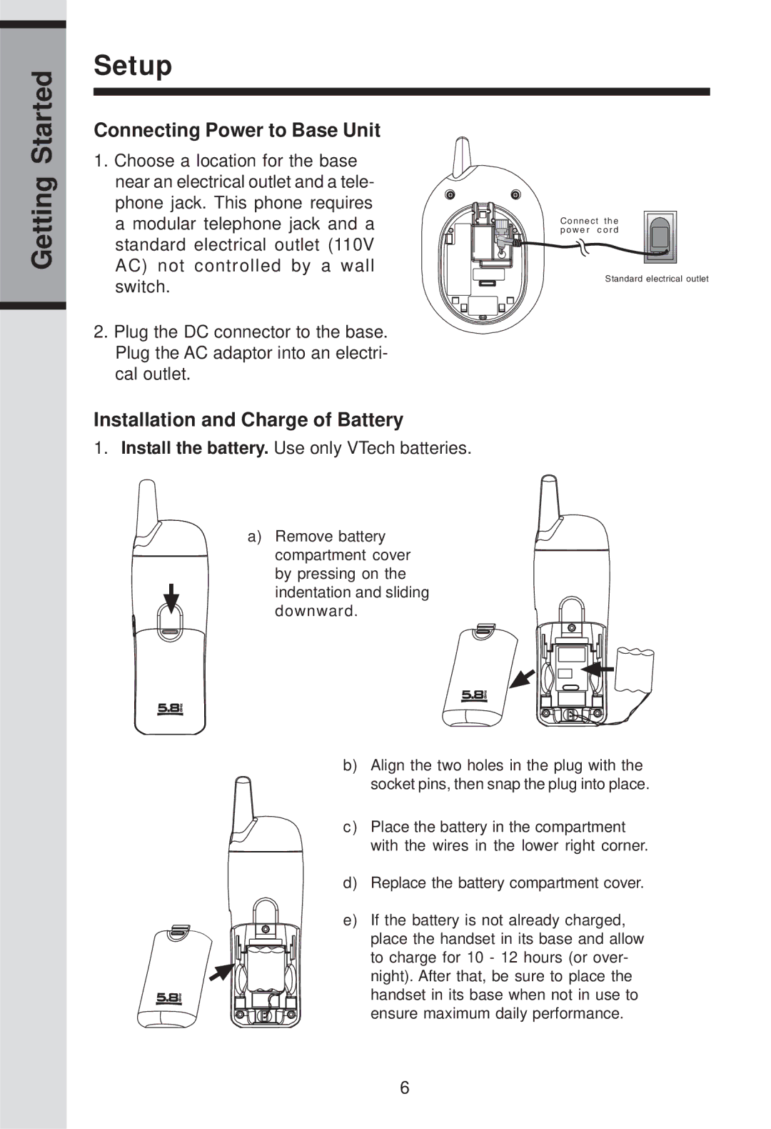 VTech ia5829 manual Started Setup Getting, Connecting Power to Base Unit, Installation and Charge of Battery 