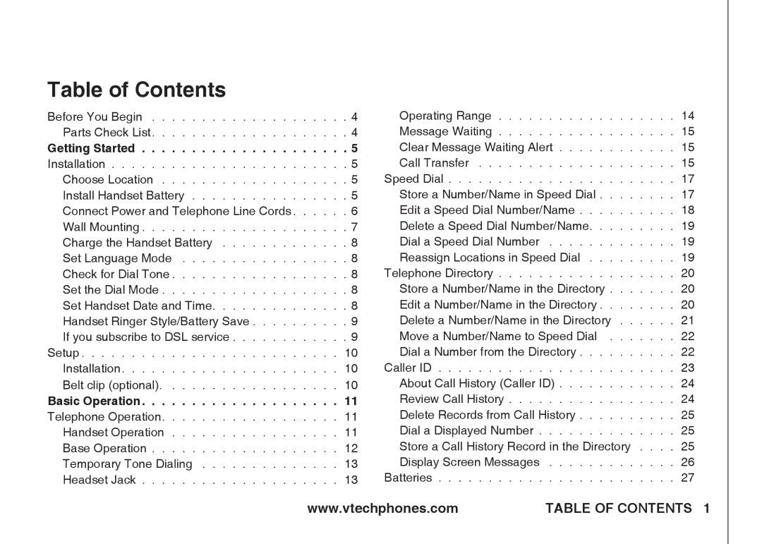 VTech ia5845 manual Table of Contents 