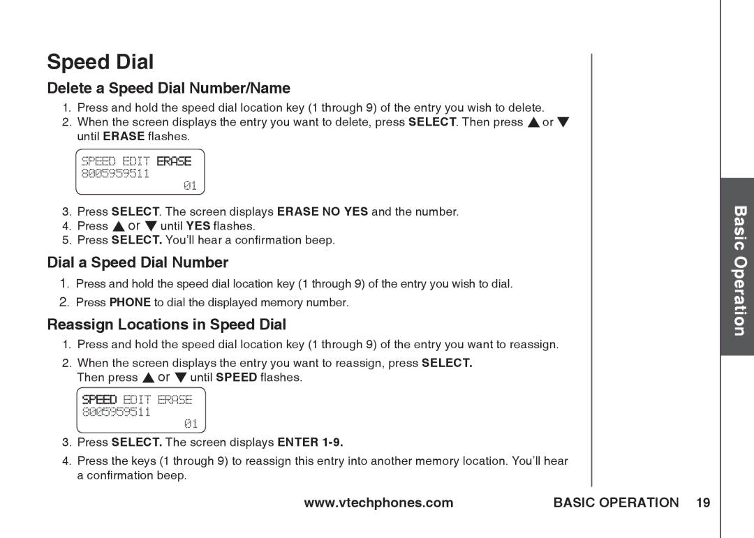 VTech ia5845 manual Delete a Speed Dial Number/Name, Dial a Speed Dial Number, Reassign Locations in Speed Dial 