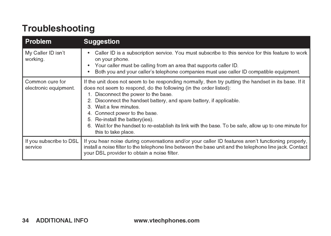 VTech ia5845 manual Your DSL provider to obtain a noise ﬁlter 