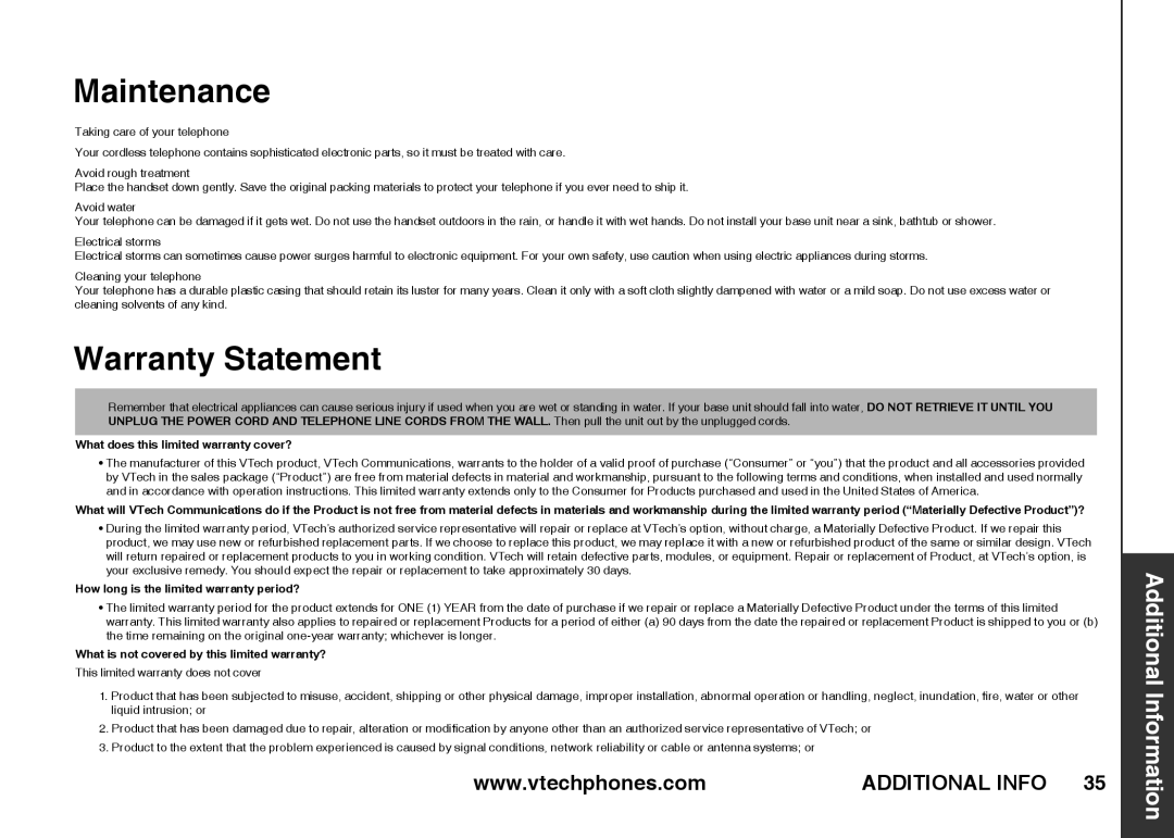 VTech ia5845 manual Maintenance, Warranty Statement 