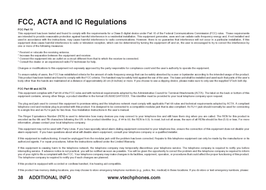 VTech ia5845 manual FCC, Acta and IC Regulations, FCC Part 