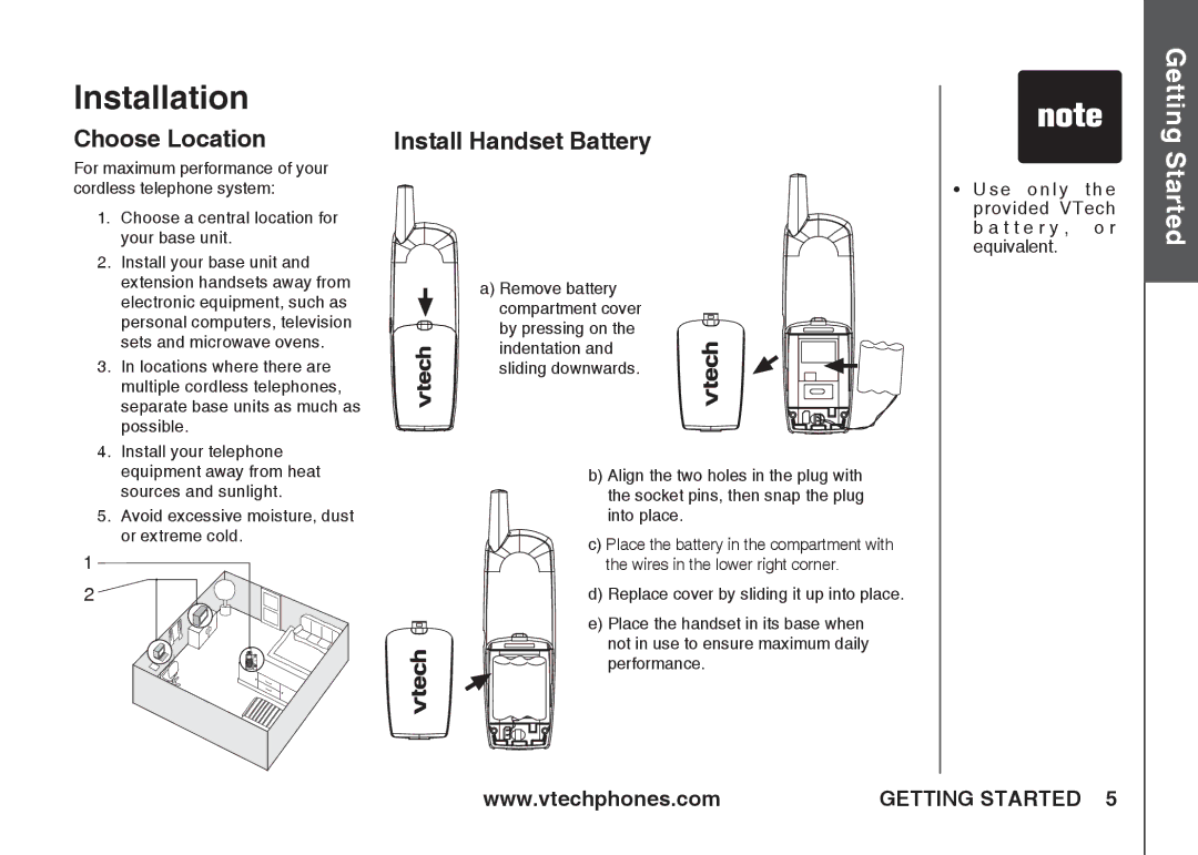 VTech ia5845 manual Installation, Choose Location, Install Handset Battery 