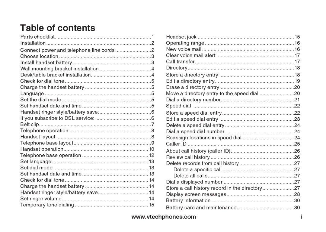 VTech ia5847 manual Table of contents 