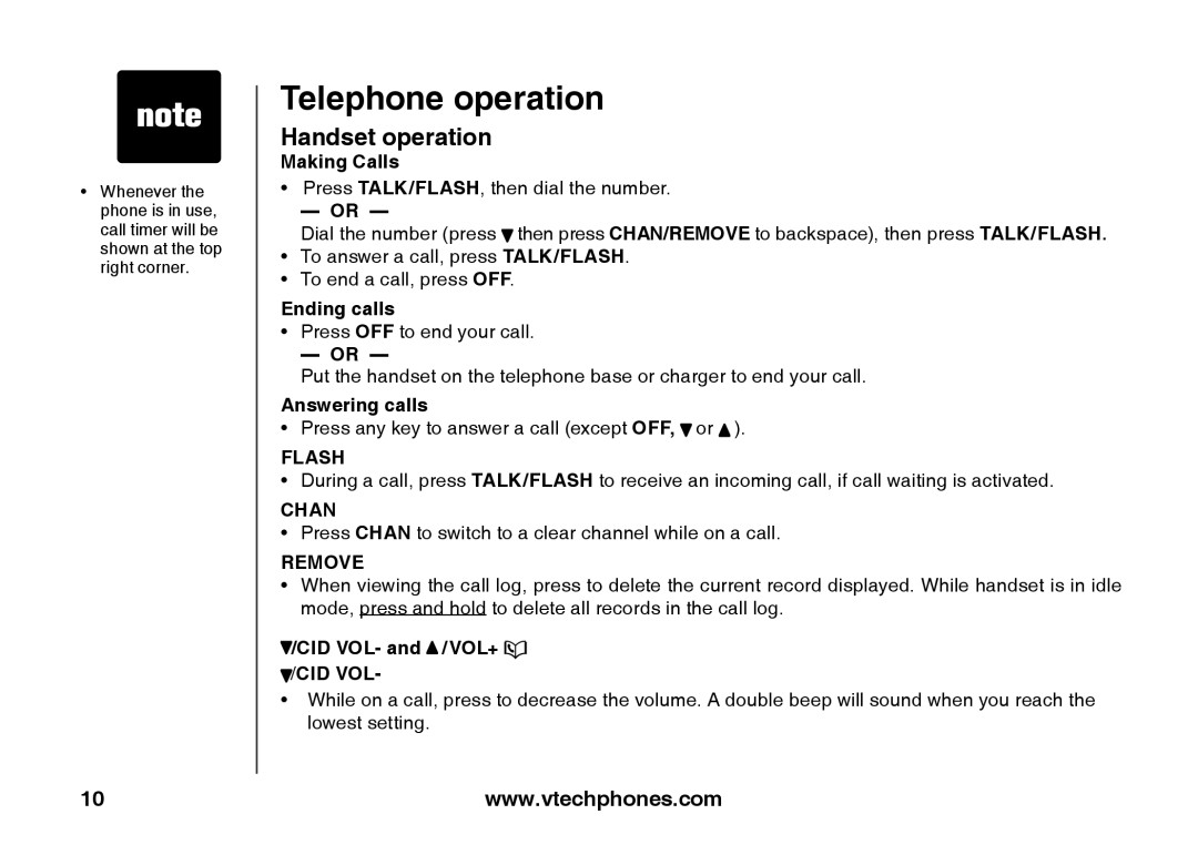 VTech ia5847 manual Handset operation, Making Calls, Ending calls, Answering calls, CID VOL- and /VOL+ /CID VOL 