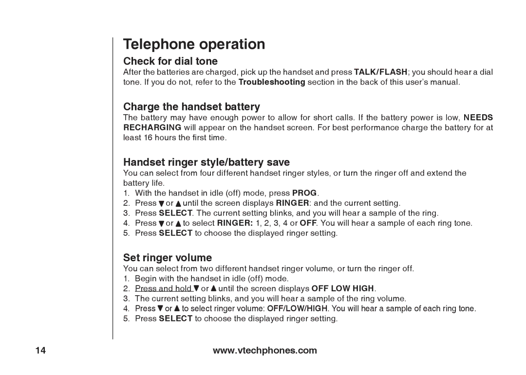 VTech ia5847 manual Check for dial tone, Set ringer volume 