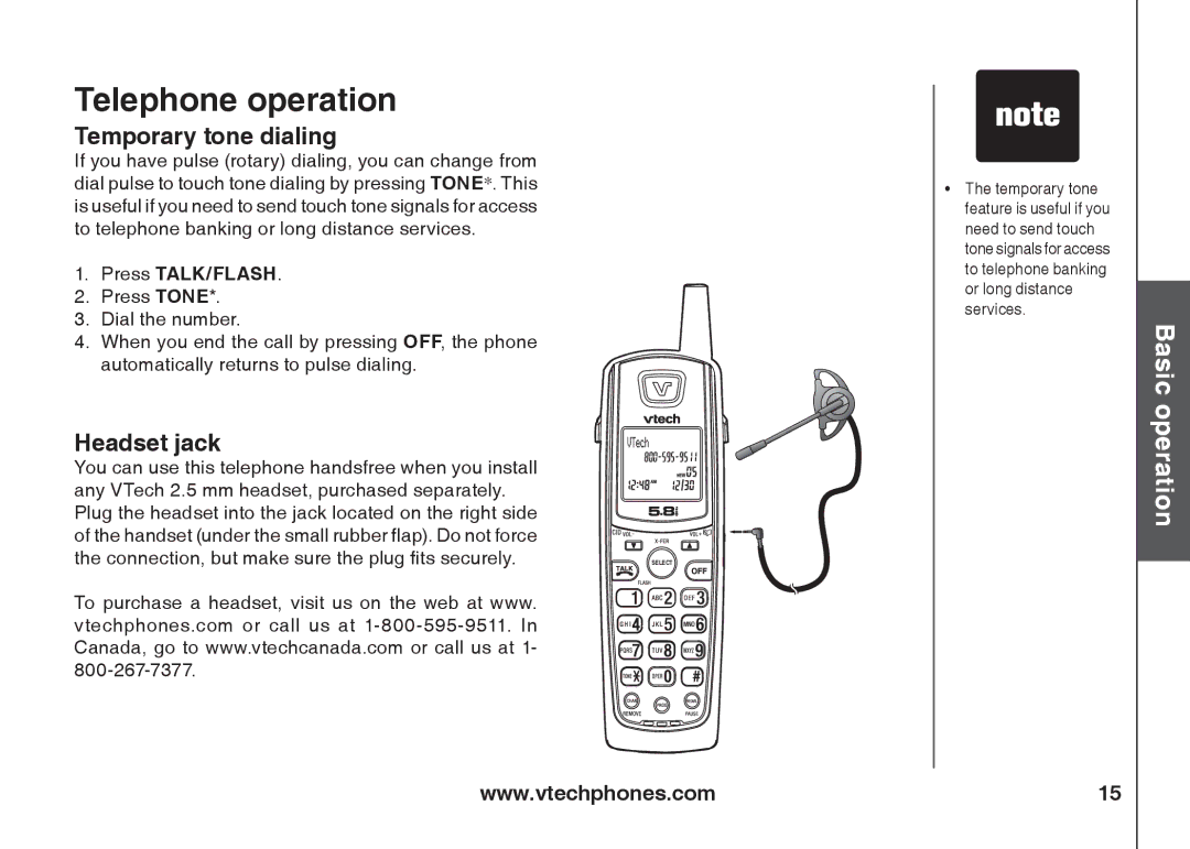 VTech ia5847 manual Temporary tone dialing, Headset jack, Press TALK/FLASH 