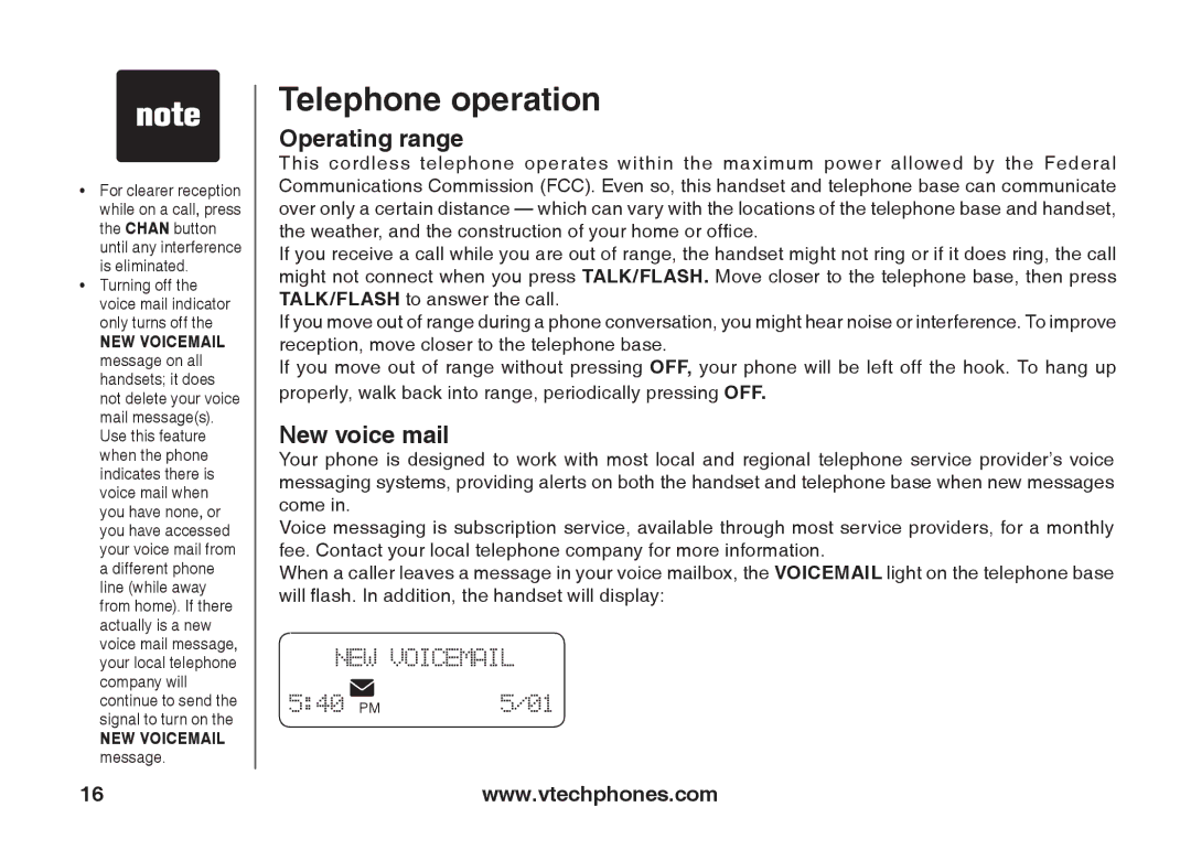 VTech ia5847 manual Operating range, New voice mail 