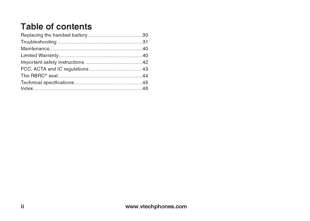 VTech ia5847 manual Replacing the handset battery, FCC, Acta and IC regulations Rbrc seal 