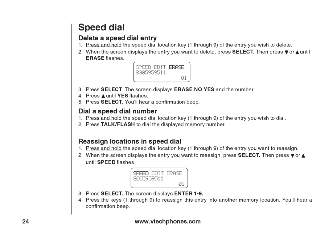 VTech ia5847 manual Delete a speed dial entry, Dial a speed dial number, Reassign locations in speed dial 