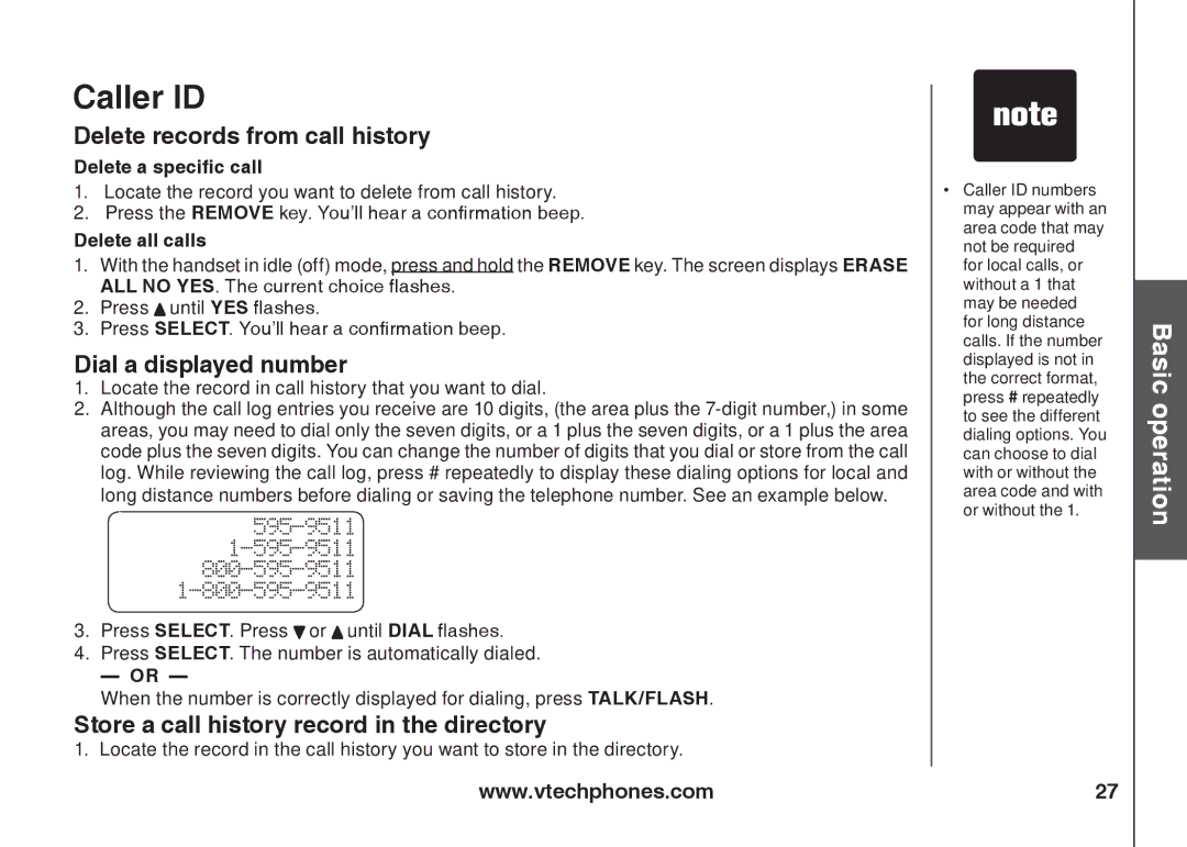 VTech ia5847 manual Delete records from call history, Dial a displayed number, Store a call history record in the directory 