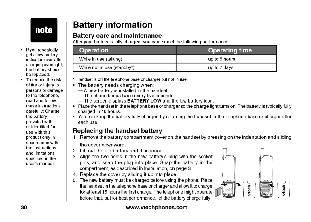 VTech ia5847 Battery information, Battery care and maintenance, Replacing the handset battery, Battery needs charging when 