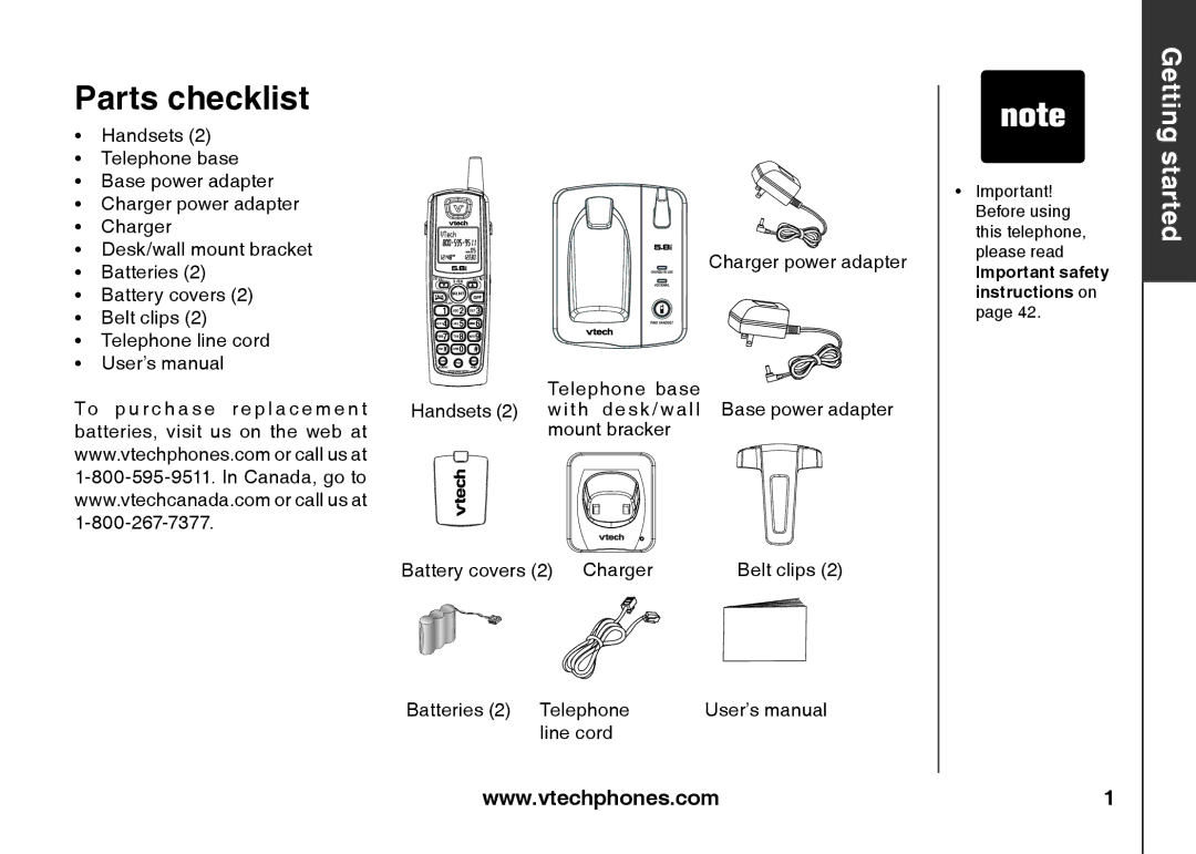 VTech ia5847 Parts checklist, Batteries 2 Telephone User’s manual Line cord 