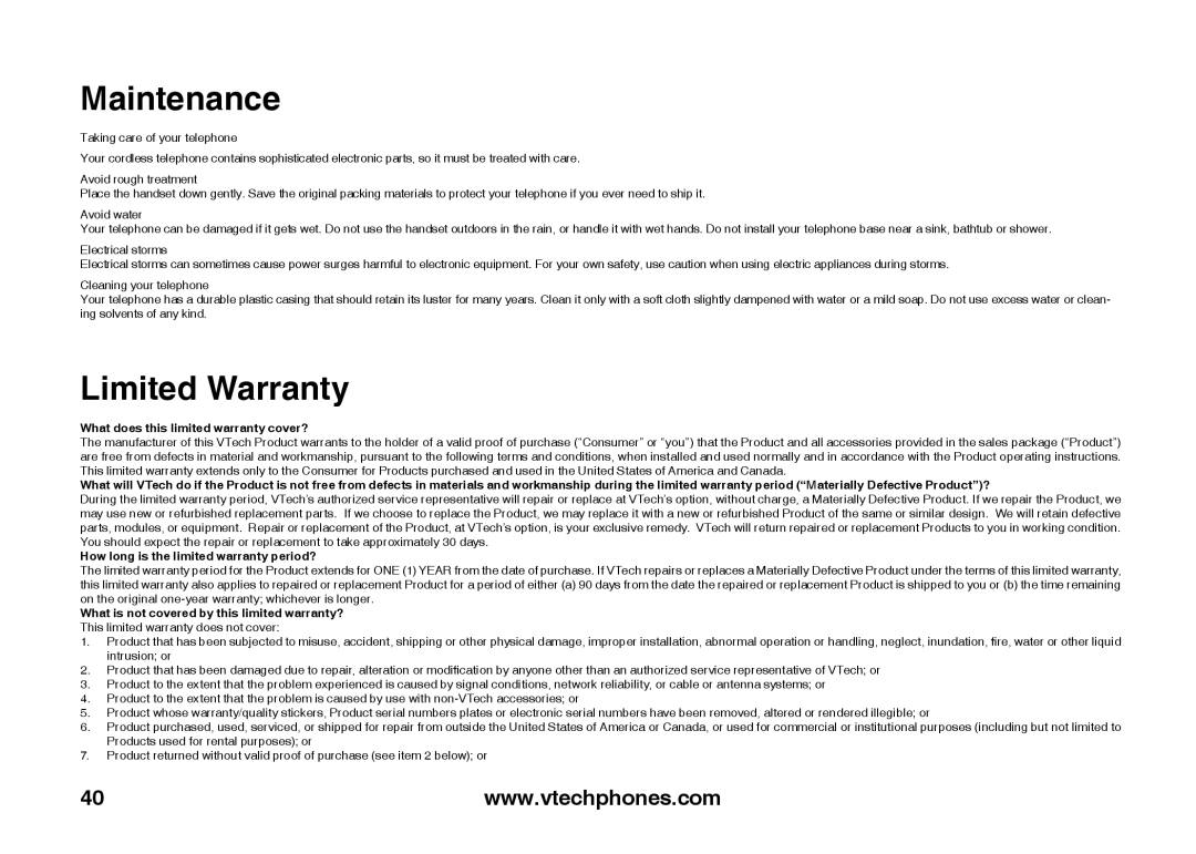 VTech ia5847 manual Maintenance, Limited Warranty 