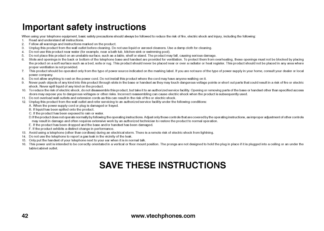 VTech ia5847 manual Important safety instructions 