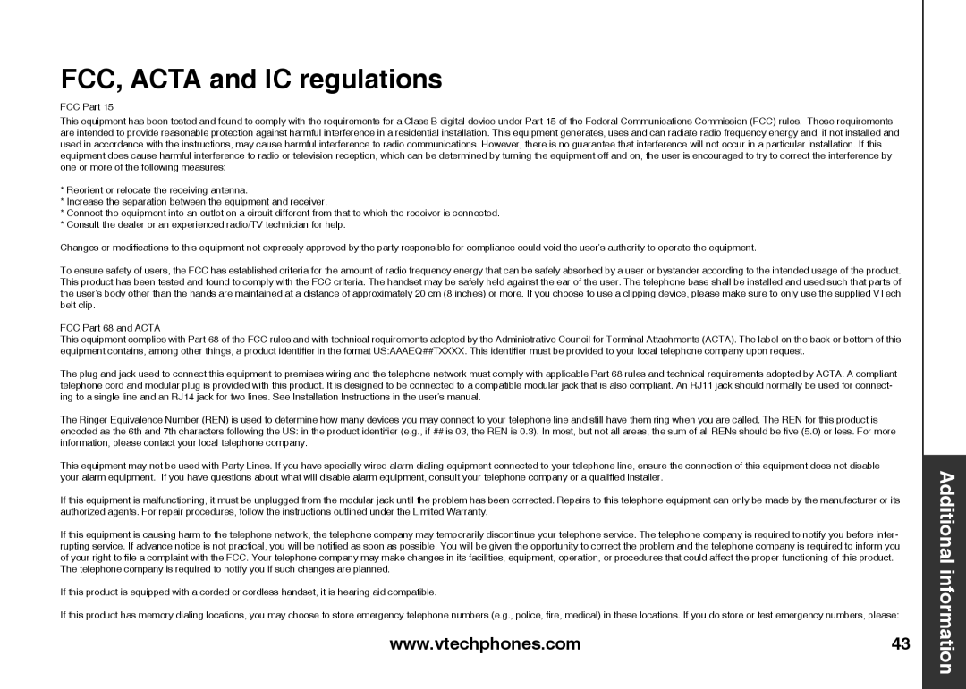 VTech ia5847 manual FCC, Acta and IC regulations 