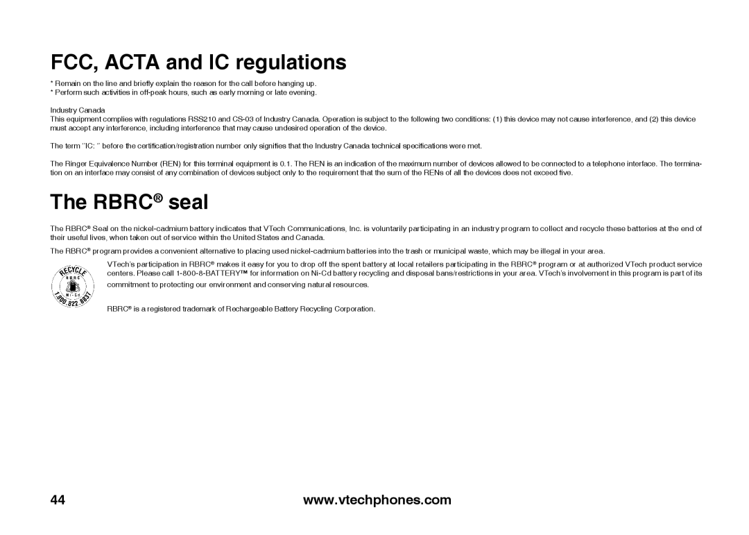 VTech ia5847 manual Rbrc seal 