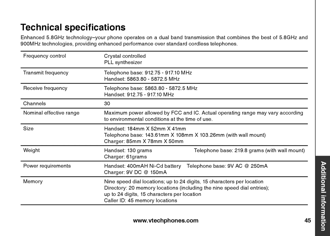 VTech ia5847 manual Technical specifications 