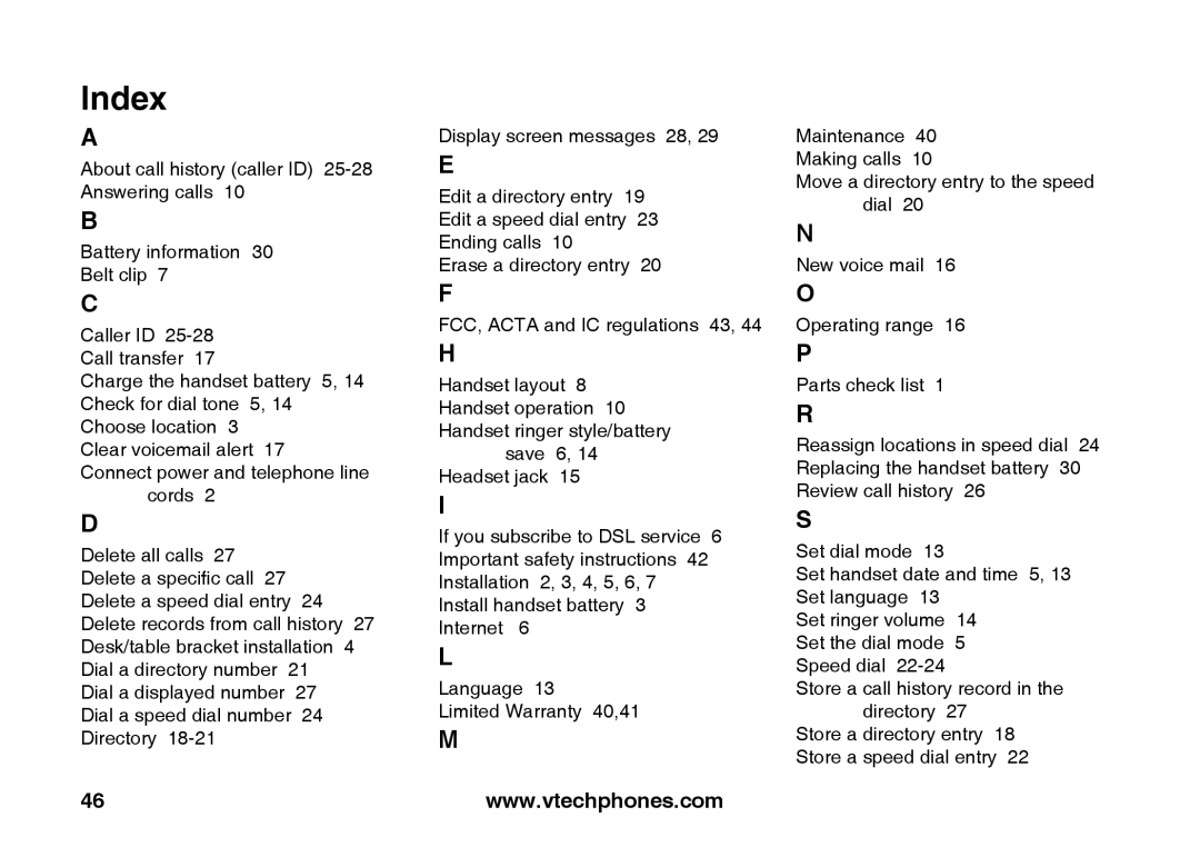 VTech ia5847 manual Index 