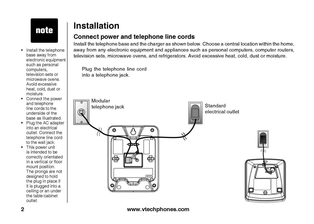 VTech ia5847 manual Installation, Connect power and telephone line cords 