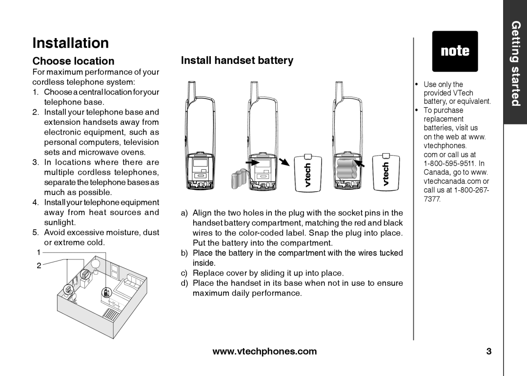 VTech ia5847 manual Choose location, Install handset battery 