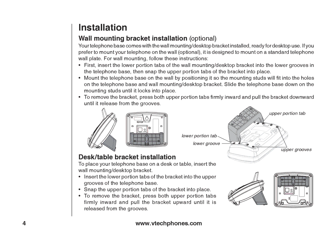 VTech ia5847 manual Wall mounting bracket installation optional, Desk/table bracket installation 