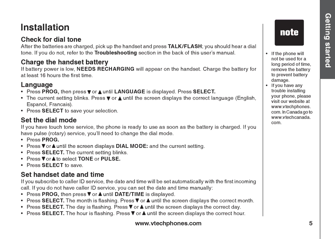 VTech ia5847 manual Check for dial tone, Charge the handset battery, Language, Set the dial mode, Set handset date and time 