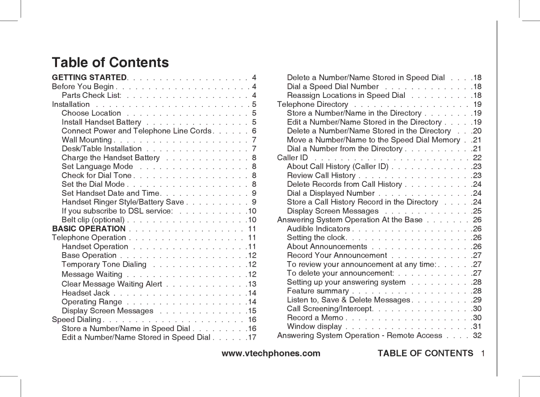 VTech Ia5854 manual Table of Contents 