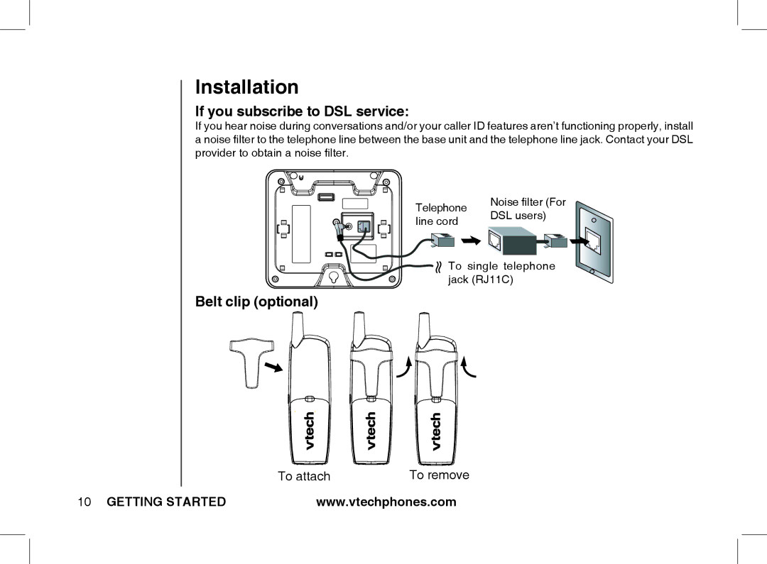 VTech Ia5854 manual If you subscribe to DSL service, Belt clip optional 