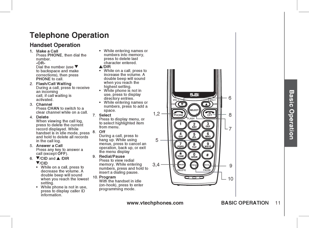 VTech Ia5854 manual Telephone Operation, Handset Operation 