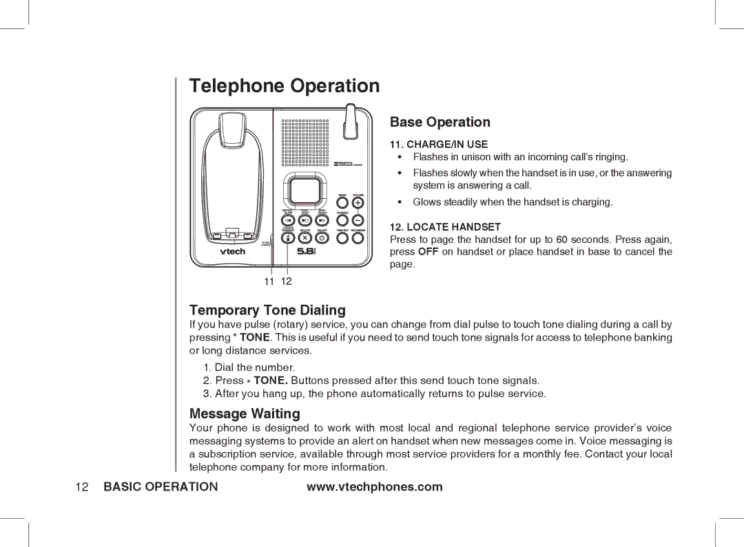 VTech Ia5854 manual Base Operation, Temporary Tone Dialing, Message Waiting 