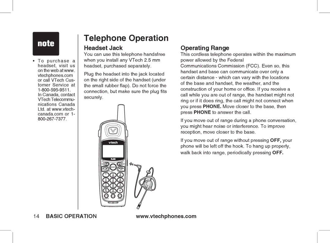 VTech Ia5854 manual Headset Jack, Operating Range, Walk back into range, periodically pressing OFF 