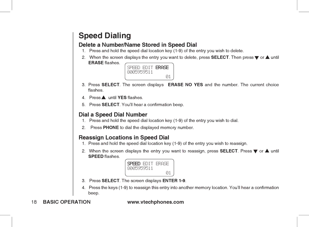 VTech Ia5854 manual Delete a Number/Name Stored in Speed Dial, Dial a Speed Dial Number, Reassign Locations in Speed Dial 