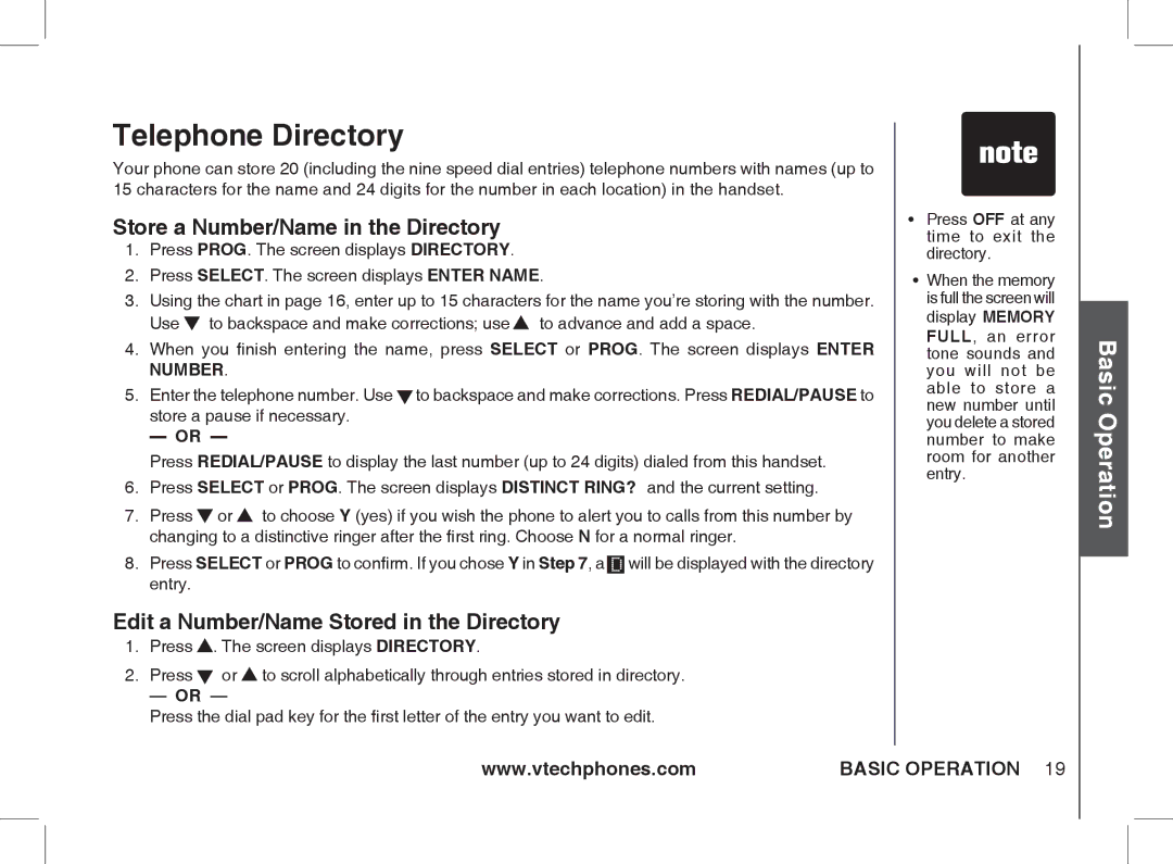 VTech Ia5854 manual Telephone Directory, Store a Number/Name in the Directory, Edit a Number/Name Stored in the Directory 