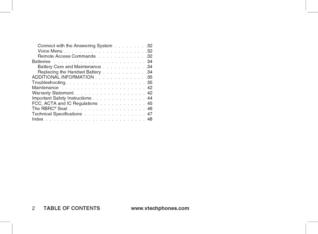 VTech Ia5854 manual Table of Contents 